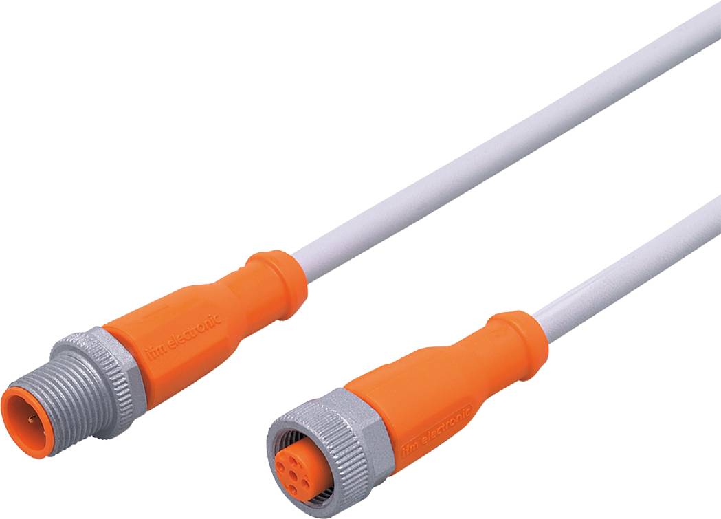 Ein graues und oranges Kabel mit zylinderförmigen Steckern an beiden Enden. Es könnte für elektronische Verbindungen verwendet werden.