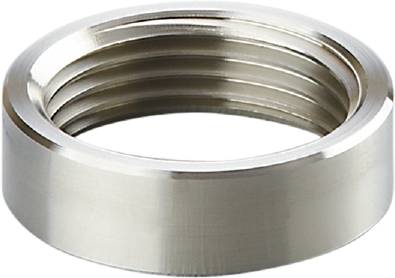 Ein silberner, metallischer Ring mit Gewinde, möglicherweise Teil eines Möbel- oder Maschinenbauteils.