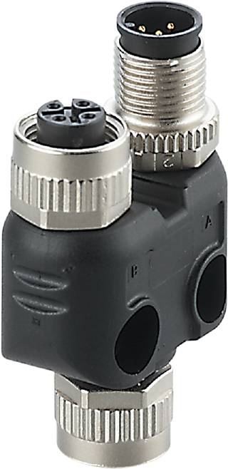 Nahaufnahme eines schwarzen elektrischen Steckverbinders mit silbernen Schraubverschlüssen, markiert mit A und B.