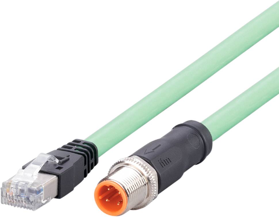 Grünes Ethernet-Kabel mit RJ45-Stecker links und M12-Stecker rechts, zeigt Verbindungsmöglichkeiten in industrieller Umgebung.
