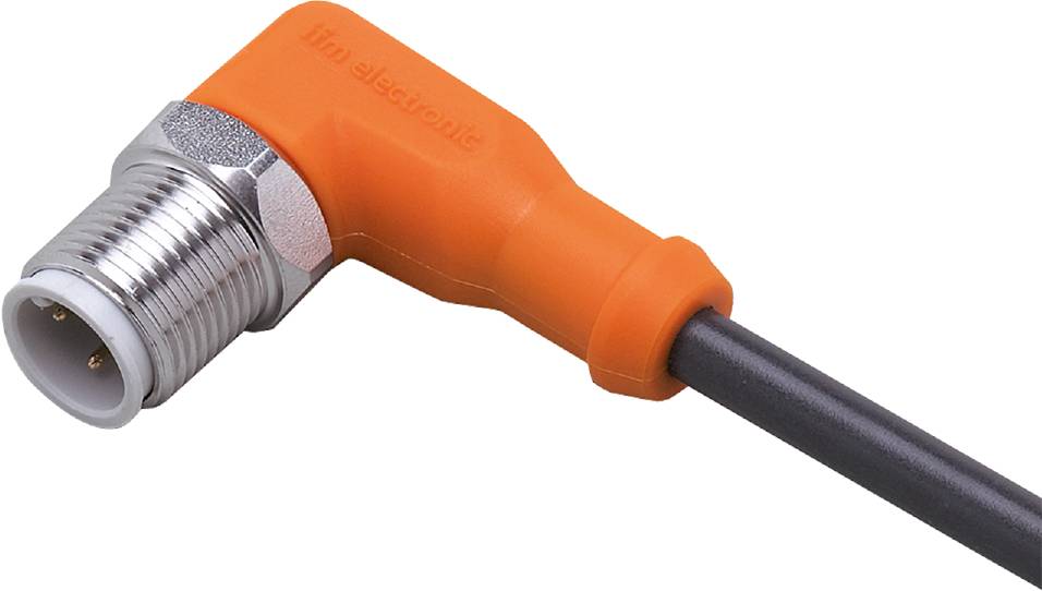 Ein orangefarbener Winkelstecker mit schwarzem Kabel, bedruckt mit 'ifm electronic', angeschlossen an eine Metallverbindung.