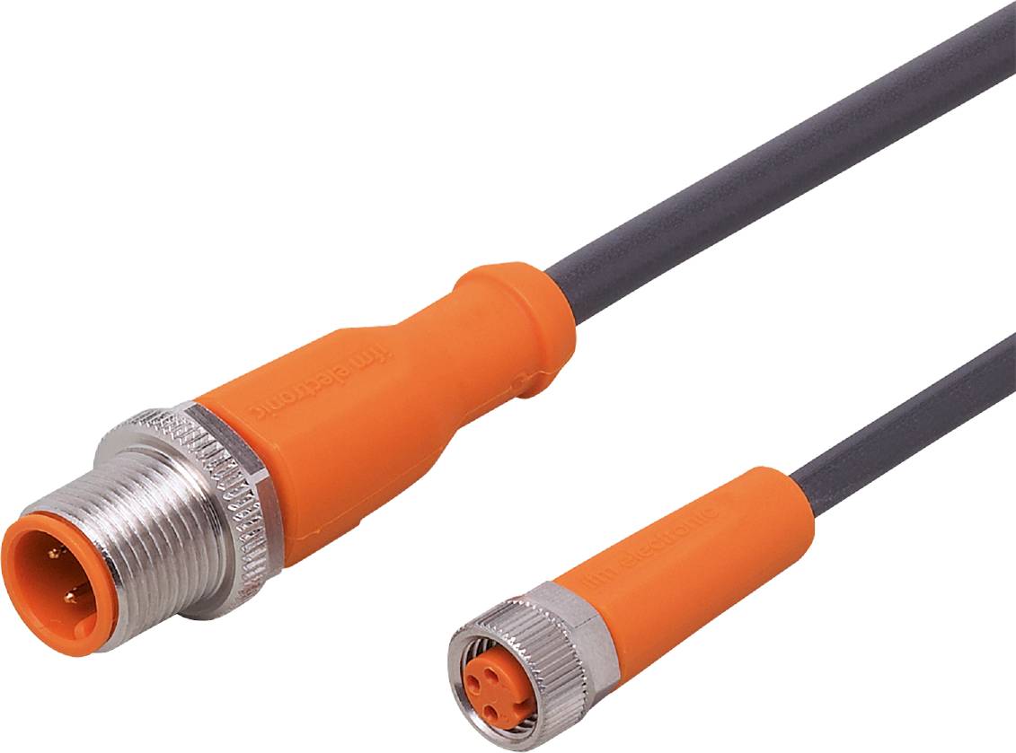 Ein M12-Sensorstecker mit orangefarbenem Mantel und schwarzem Kabel, geeignet für industrielle Anwendungen und Sensorverbindungen.