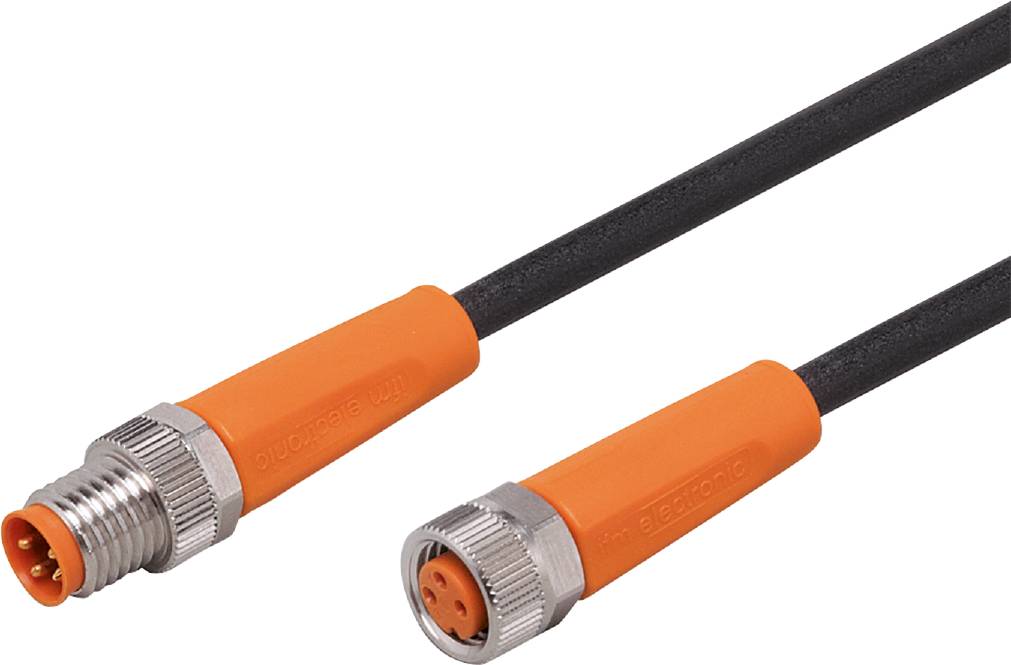 Zwei orangefarbene M12-Steckverbinder mit grauen Enden und schwarzen Kabeln für elektronische Anwendungen.