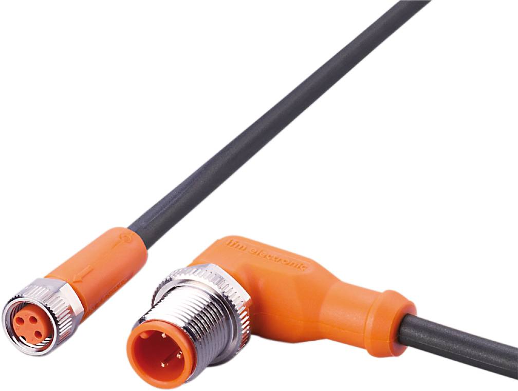 Ein orangefarbenes M8-Steckverbindungskabel von ifm electronic, bestehend aus einem geraden und einem umwickelten Stecker.