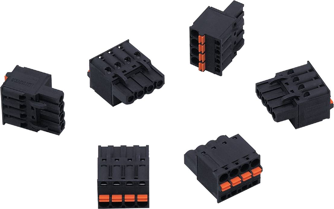 Mehrere schwarze Steckverbinder in unterschiedlichen Perspektiven, jeweils mit orangenen Kontakten, isoliert auf weißem Hintergrund.