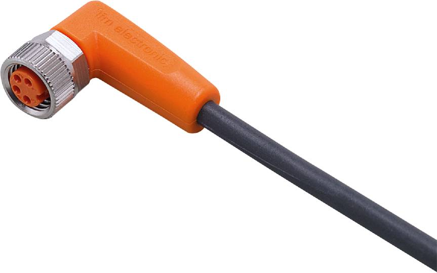 Ein orangefarbenes elektrisches Bauteil mit einem schwarzen Kabel, vermutlich ein Messfühler für elektronische Anwendungen.