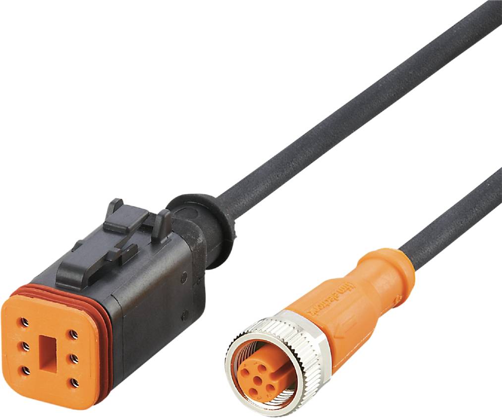 Ein schwarzer Steckverbinder mit mehreren Pins und ein runder orangefarbener Anschluss sind durch ein Kabel miteinander verbunden.