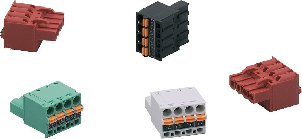 Zwei elektrische Steckverbinder in verschiedenen Farben. Der obere ist schwarz mit sechs Anschlüssen, der untere weiß mit fünf Anschlüssen.