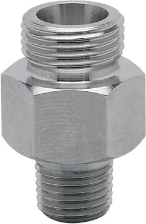 Metallischer Adapter oder Verbinder mit Schraubgewinde und sechseckiger Form, verwendet in Rohrleitungssystemen für Verbindungen.