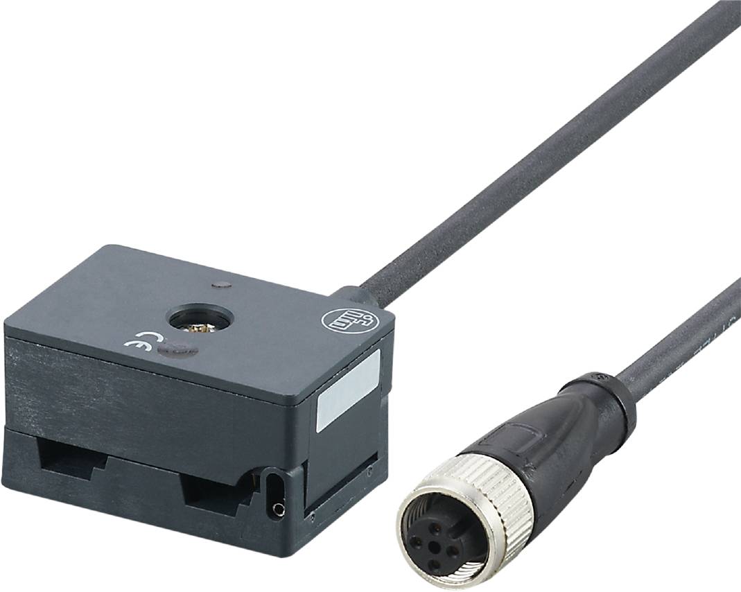 Ein rechteckiger Sensor mit angeschlossenem Kabel und rundem Stecker, geeignet für industrielle Anwendungen zur Erfassung von Daten.