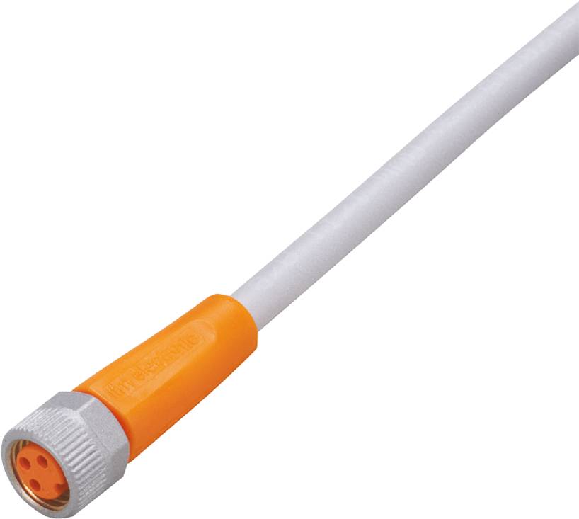 Ein orange-graues Kabel mit einem Metallstecker am Ende, geeignet für elektronische Verbindungen.