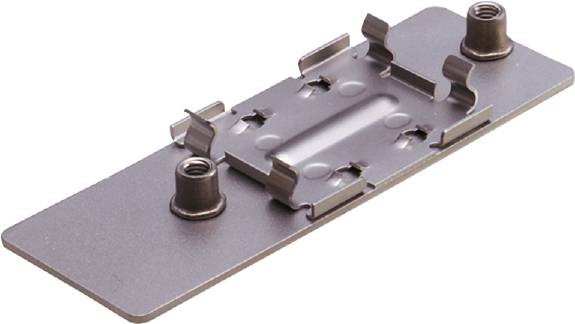 Eine Metallhalterung mit mehreren abgerundeten Kanten und einer zentralen Schrauböffnung, wahrscheinlich für die Befestigung an Oberflächen.