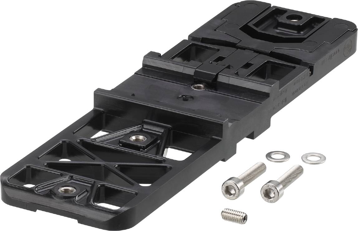 Schwarzes Kunststoff-Befestigungsteil mit Metallschrauben und Unterlegscheibe, verwendet für Montagelösungen in mechanischen Anwendungen.