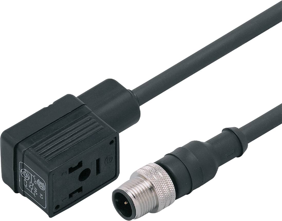 Schwarzes elektrisches Kabel mit rechteckigem Stecker und rundem M12-Stecker, geeignet für industrielle Anwendungen und Sensorverbindungen.