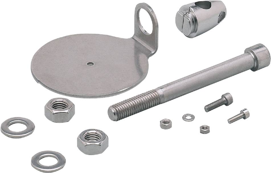 Ein Set von Metallmontageteilen, bestehend aus einer runden Halterung, einer langen Schraube mit Gewinde, Muttern und kleinen Bolzen.