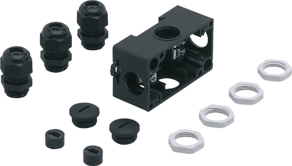 Schwarzes Plastikgehäuse mit mehreren Öffnungen, umgeben von Kabelverschraubungen und Dichtungsringen, bereit für die Montage.