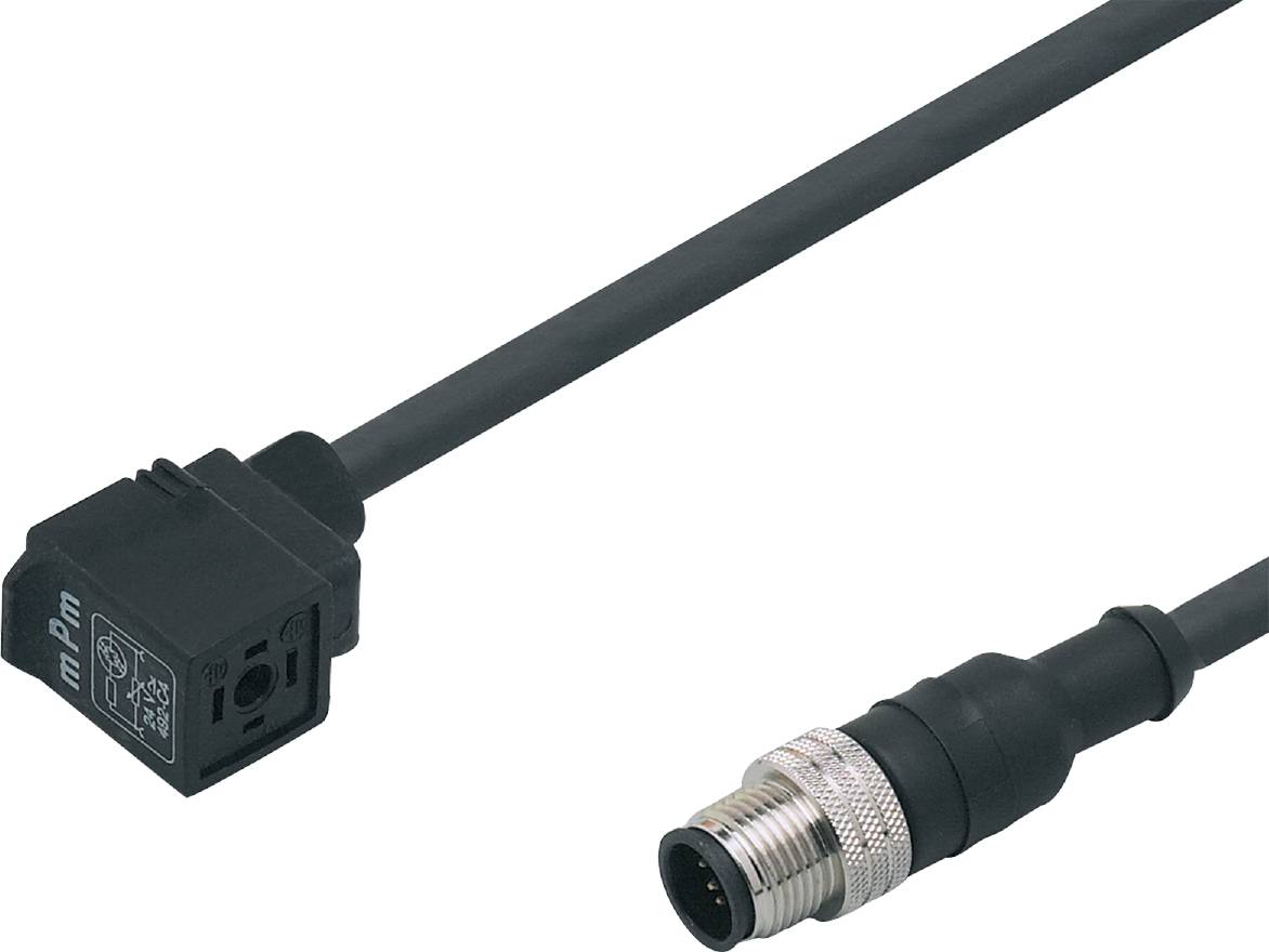 Ein M12-Kabel mit einem vierpoligen Rundstecker und einem rechteckigen Stecker am anderen Ende, geeignet für industrielle Anwendungen.