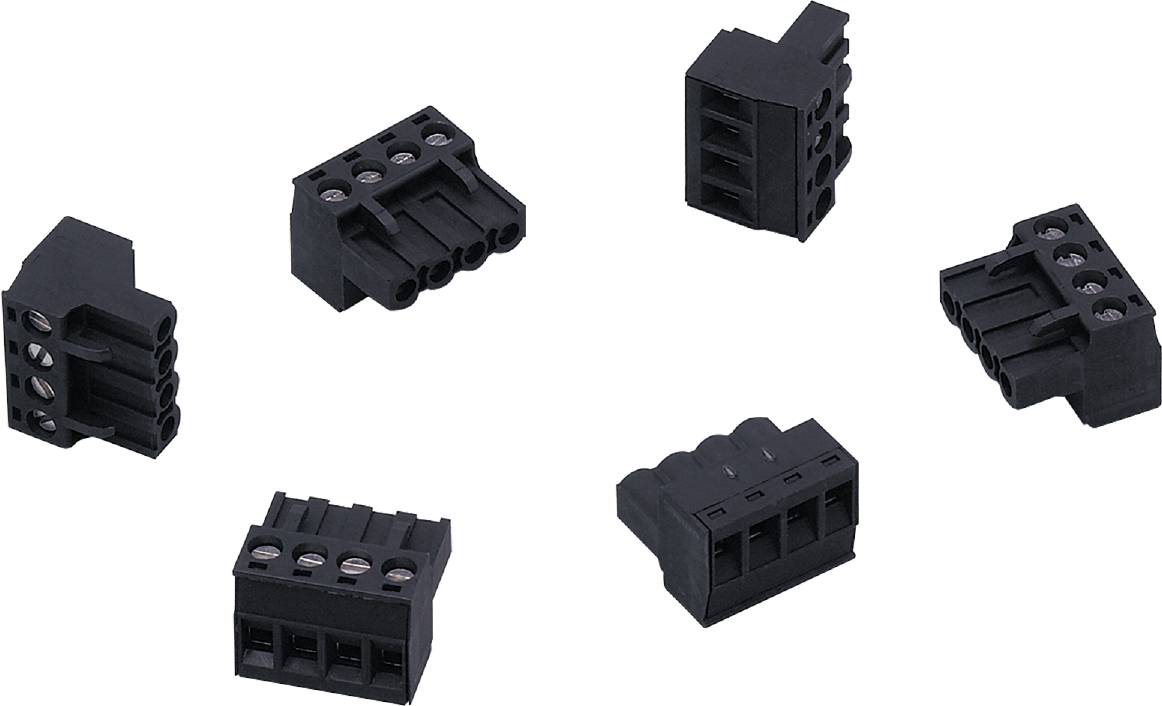 Vier schwarze Steckverbinder für elektrische Leitungen in unterschiedlichen Perspektiven.