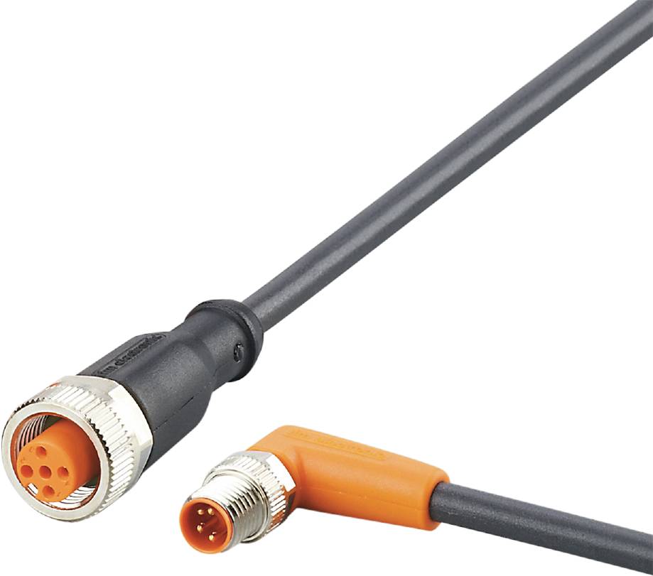 Zwei Steckverbinder mit Kabel: Links ein runder 4-poliger Stecker, rechts ein abgewinkelter 5-poliger Stecker mit orangem Gehäuse.