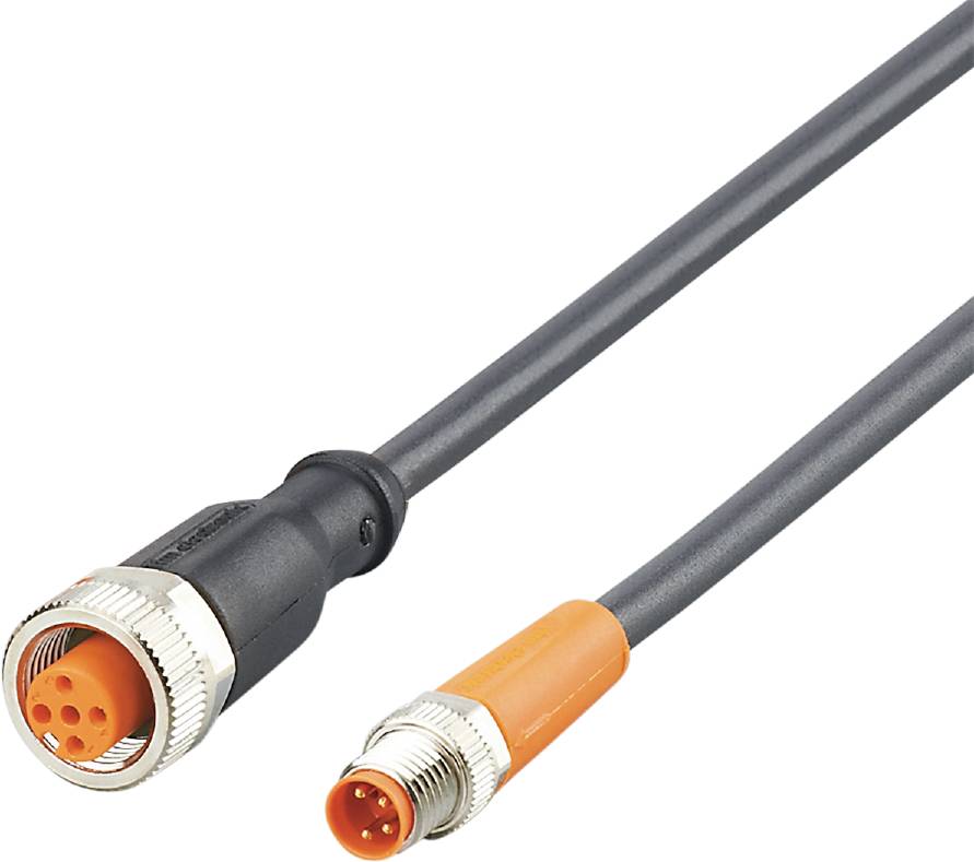 Zwei Verbindungskabel mit runden, multifarbigen Steckverbindern; sie sind für elektronische Geräte gedacht und unterscheiden sich in Größe und Farbe der Stecker.