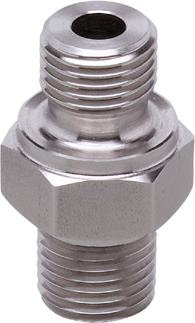 Eine silberne, metallische Schraubverbindung mit Sechskantmutter und Gewindeelement, geeignet für Rohrverbindungen.