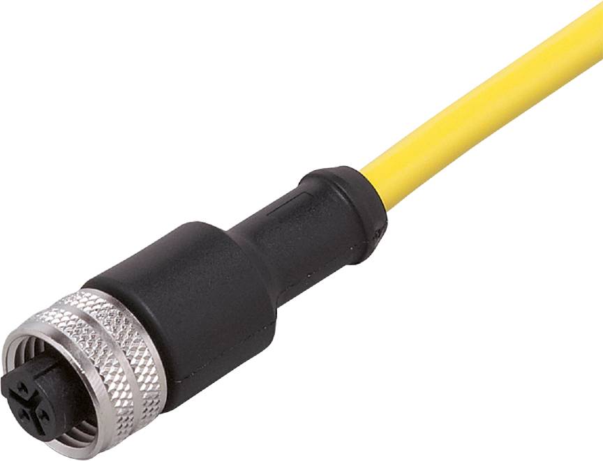 Ein gelbes Kabel mit einem schwarzen und silbernen Metallstecker, typischerweise für industrielle oder technische Anwendungen verwendet.