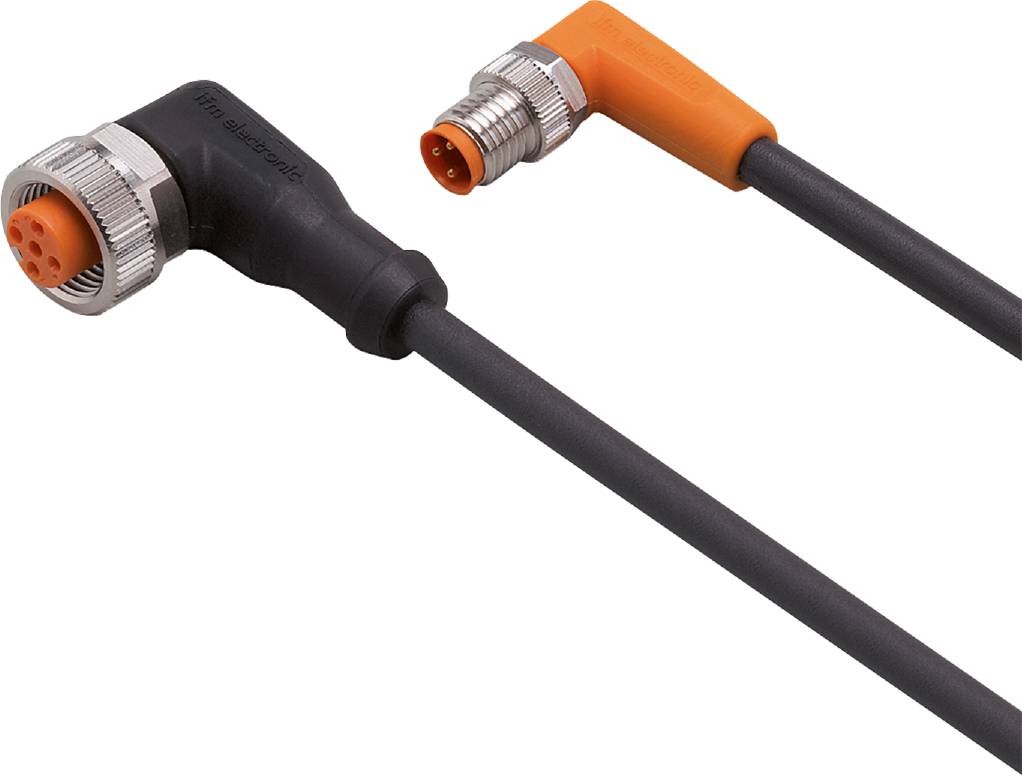 Ein M12-Winkelstecker mit schwarzem Kabel und ein orangefarbener Steckverbinder. Geeignet für industrielle Anwendungen.