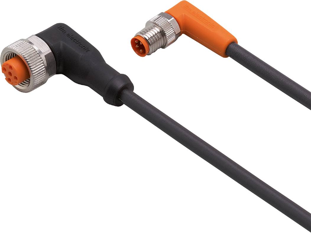 Ein schwarzes und ein orange-rotes Kabel mit unterschiedlichen Steckverbindern und Metallringen an den Enden.