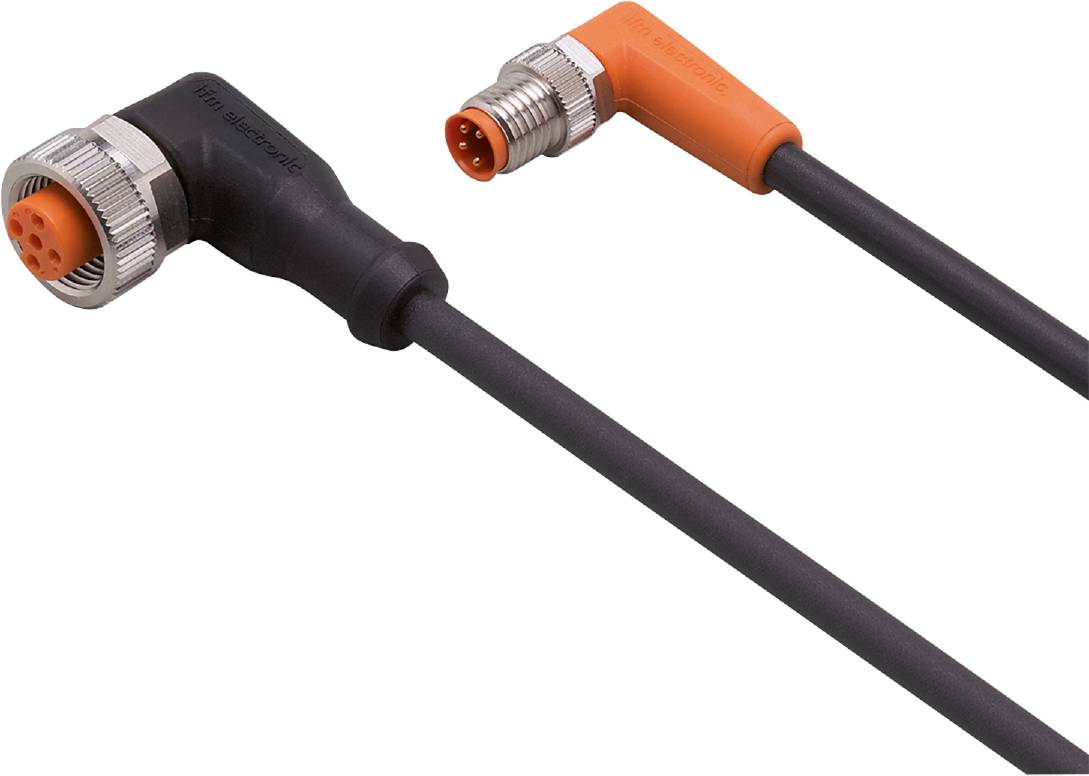 Ein Winkelstecker mit orangefarbenem Gehäuse und Kabel, verbunden mit einem schwarzen Stecker. Geeignet für industrielle Anwendungen.