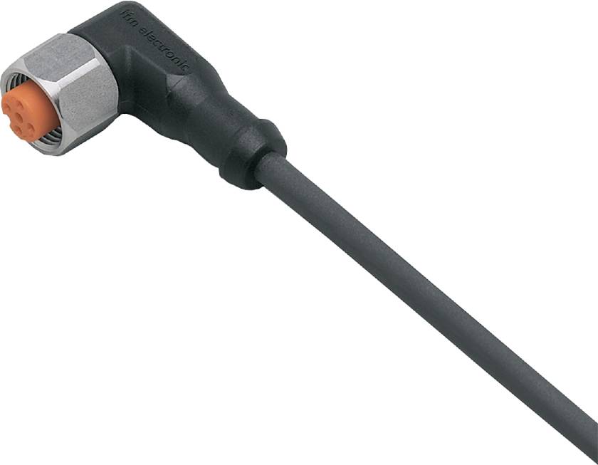 Schwarzer, rechtwinkliger Steckverbinder von ifm electronic mit einem grauen Steckteil, an einem schwarzen Kabel befestigt.