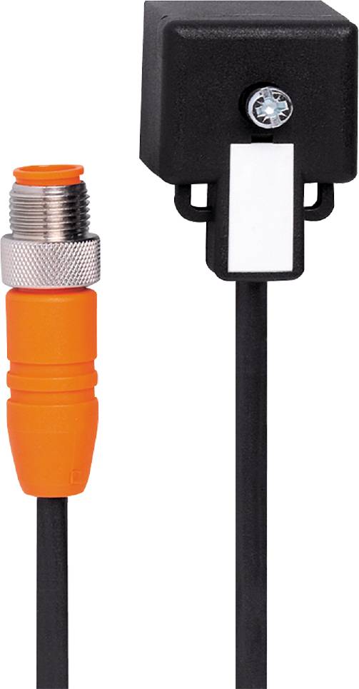 Ein orangefarbener Steckverbinder neben einem schwarzen Kabel mit rechteckigem Gehäuse, beide mit Metallgewindeverbindung.