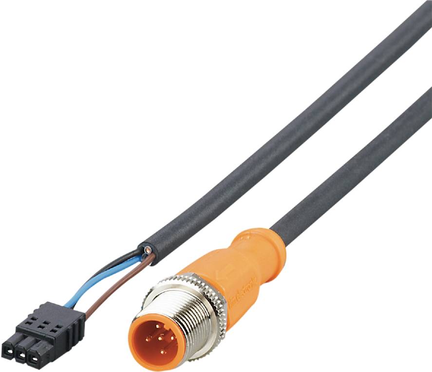 Ein schwarzes Kabel mit einem orangefarbenen, runden Steckverbinder, das mehrere Metallstifte zeigt.