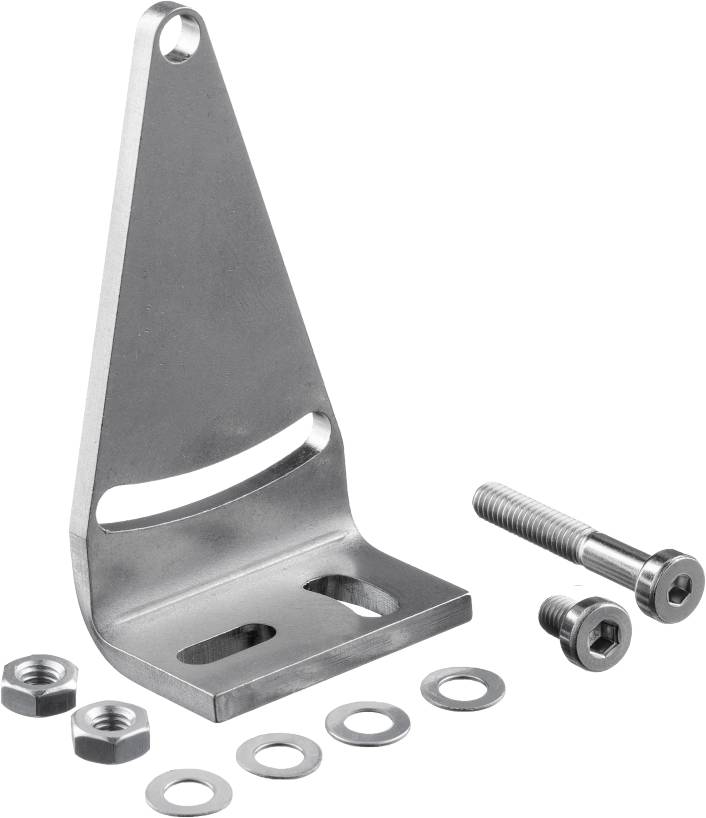 Ein silberfarbener Metallwinkel mit Schrauben, Muttern und Unterlegscheiben auf weißem Hintergrund.