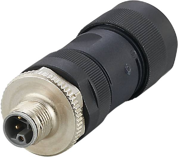 M12-Steckverbinder, Rundstecker, schwarz, mit einem metallischen Verbindungselement. Verwendet für industrielle Anwendungen.