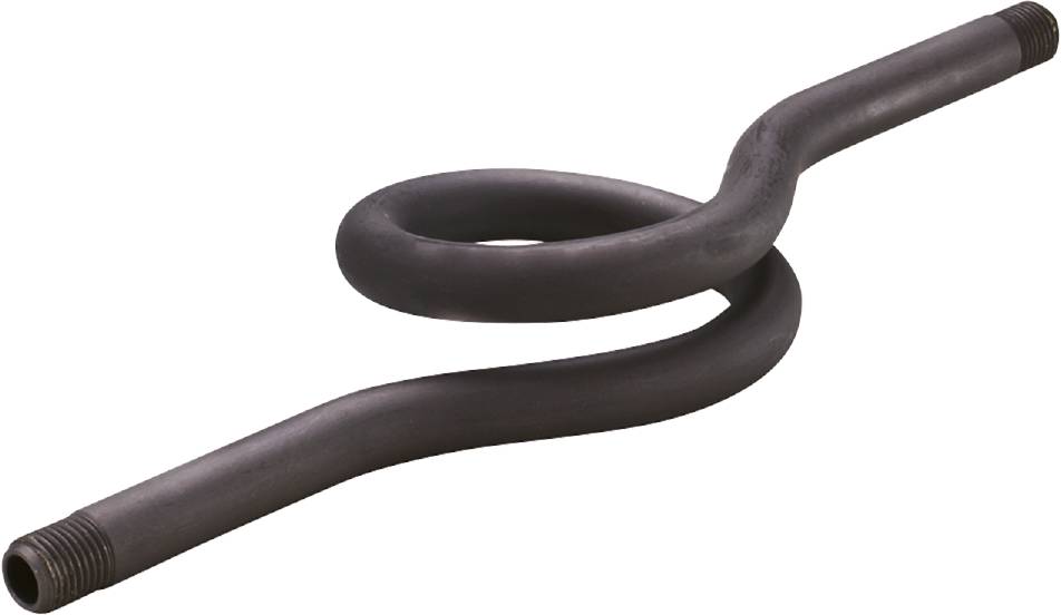 Eine schwarze, spiralförmige Röhre auf weißem Hintergrund. Die Form erinnert an ein flexibles, gewundenes Rohr oder einen Schlauch.