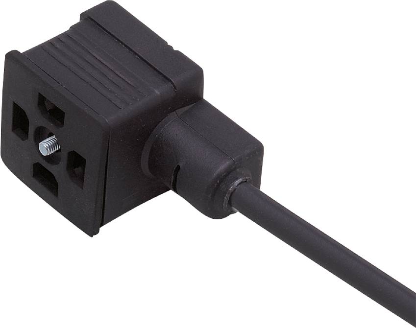 Schwarzer Netzadapterstecker mit einer Vertiefung und Schraubanschluss, Detailaufnahme.