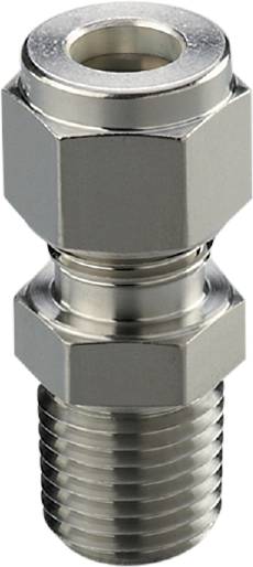 Nahaufnahme einer metallischen Rohrverbindung mit sechseckigen Muttern, glänzend und aus Stahl. Schlichtes industrielles Design.
