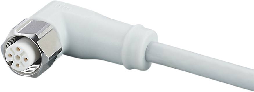 Ein Abschnitt eines weißen Kabels mit einem runden, geriffelten Steckeranschluss, nah aufgenommen.