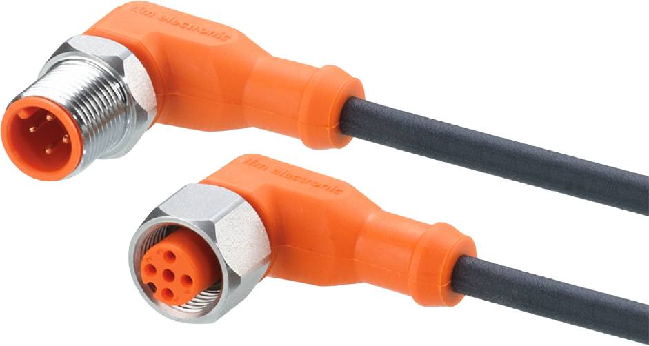 Zwei orangefarbene Eckverbinder mit schwarzen Kabeln, geeignet für elektronische Verbindungen.