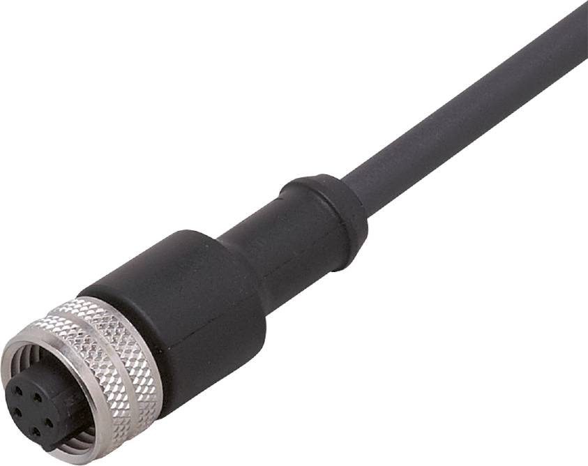 Nahaufnahme eines schwarz beschichteten Steckverbinders mit Metallgewinde links, angeschlossen an ein schwarzes Kabel.