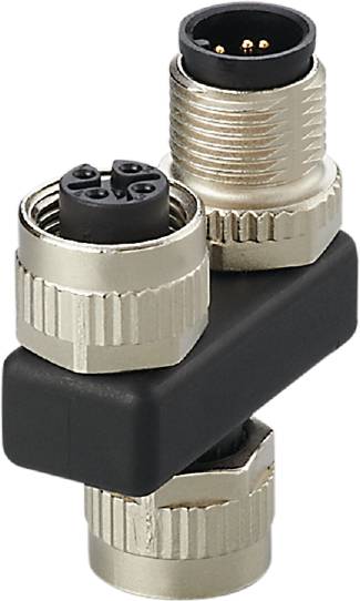 Ein schwarzer rechteckiger Steckverbinder mit silbernen Metallgewinden und vier kreisförmigen Pins oben. Die Metallteile sind gerändelt.