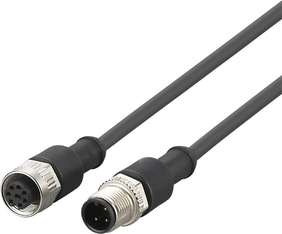 Zwei schwarze M8-Steckverbinder mit Metallgehäuse und offenen Enden, genutzt zur Verbindung von elektronischen Geräten oder Kabeln.