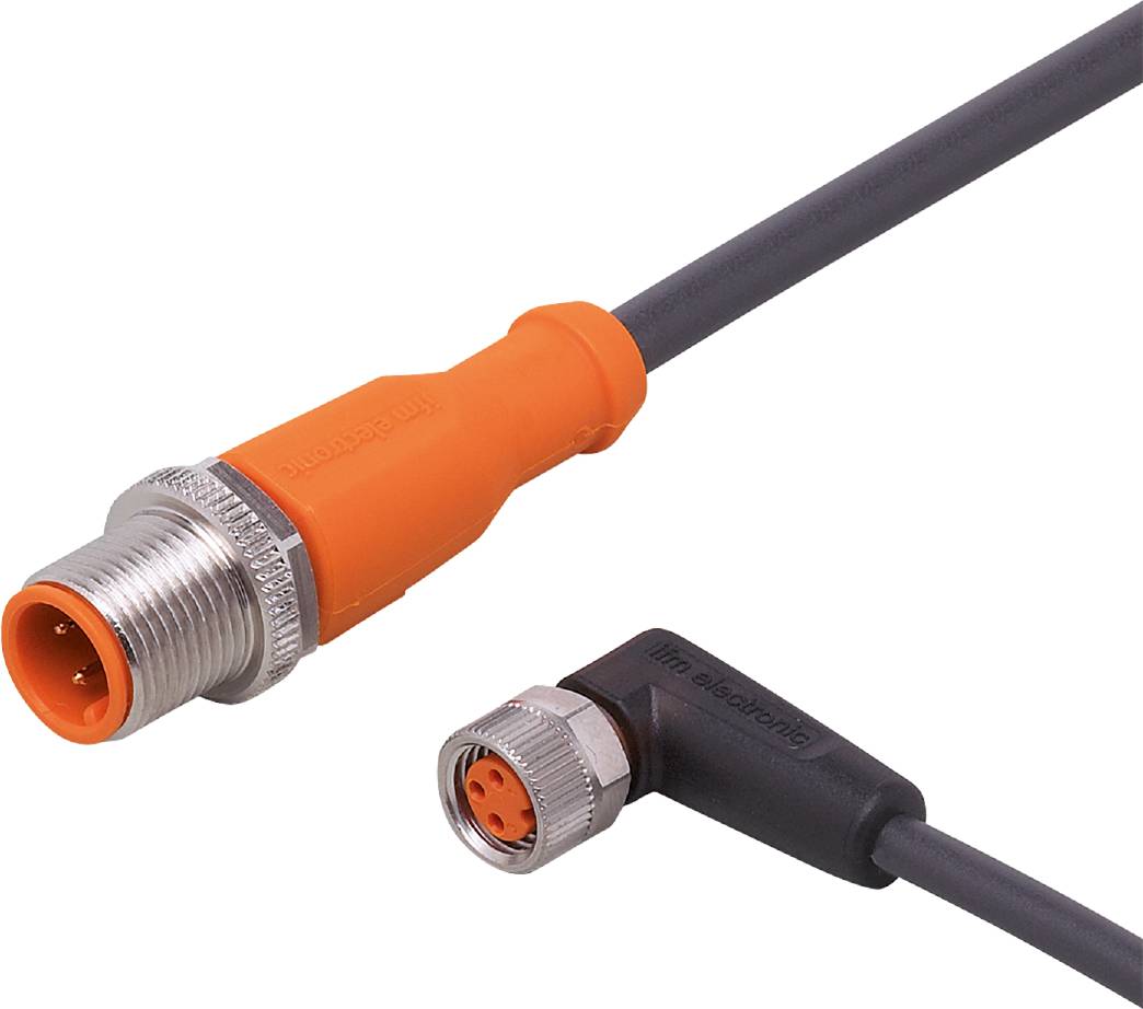 Eine schwarze Anschlussleitung mit einem orangefarbenen Stecker und einer Buchse, geeignet für industrielle Anwendungen.