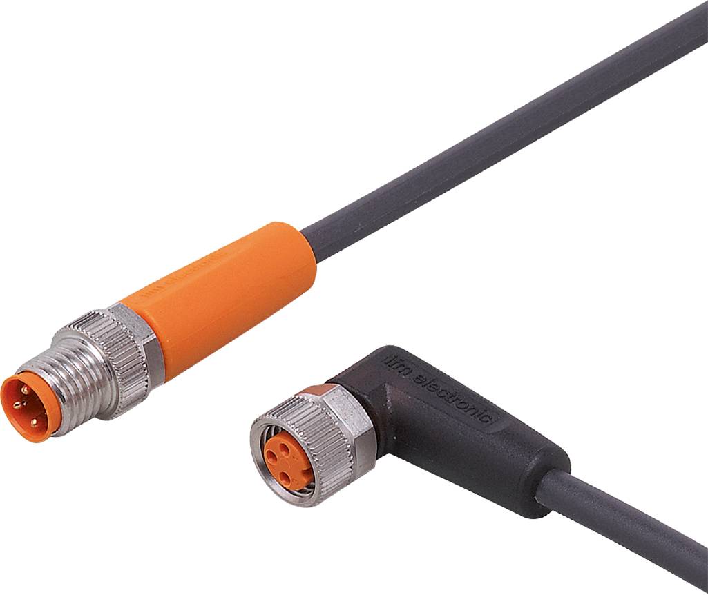 Ein schwarzes Kabel mit einem orangefarbenen Rundstecker und einem schwarzen abgewinkelten Stecker, gezeigt in Nahaufnahme.