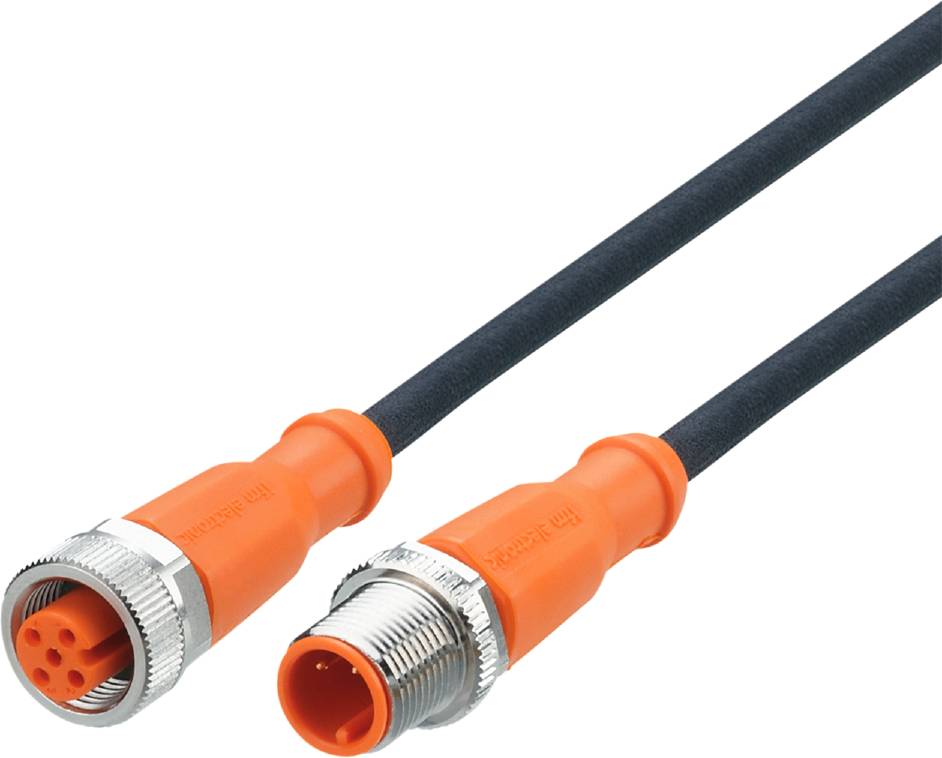 Zwei orange Kabel mit Metallsteckern, die für industrielle Verbindungen verwendet werden. Sie haben schwarze Kabelummantelungen.