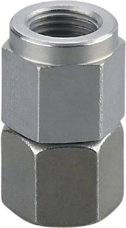 Ein silbernes Sechskant-Bauteil aus Metall mit glatter Oberfläche, vermutlich Teil eines Werkzeugs oder einer Maschine.