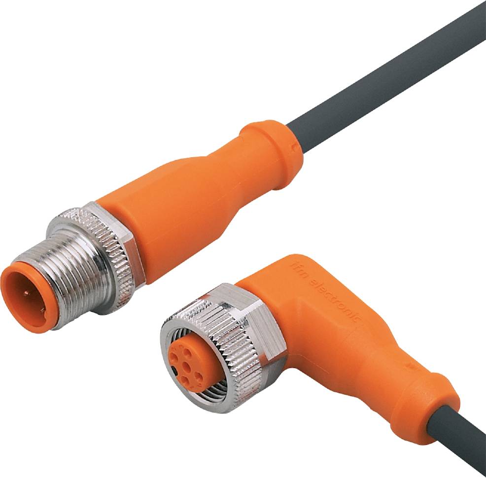 Ein orange-schwarzes Kabel mit Steckverbindungen an beiden Enden. Geeignet für industrielle oder technische Anwendungen.