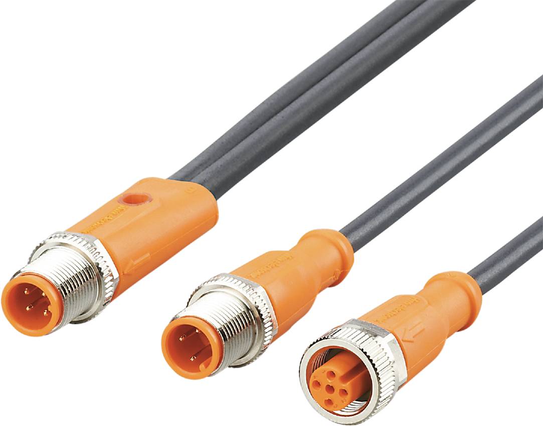 Drei orangefarbene Steckverbinder mit Kabeln, zwei männliche und ein weiblicher Anschluss. Sie sind für industrielle Anwendungen.