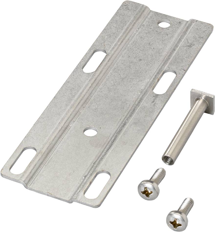 Metallplatte mit Langlöchern und Schrauben, wahrscheinlich für Befestigungszwecke. Enthält zwei Schrauben und einen Stift.