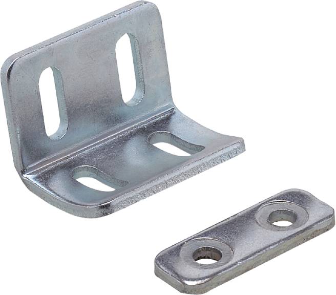 Metallwinkelhalterung mit vier Schlitzen zusammen mit einer langen, schmalen Metallplatte mit zwei Löchern. Eignet sich für Montagezwecke.